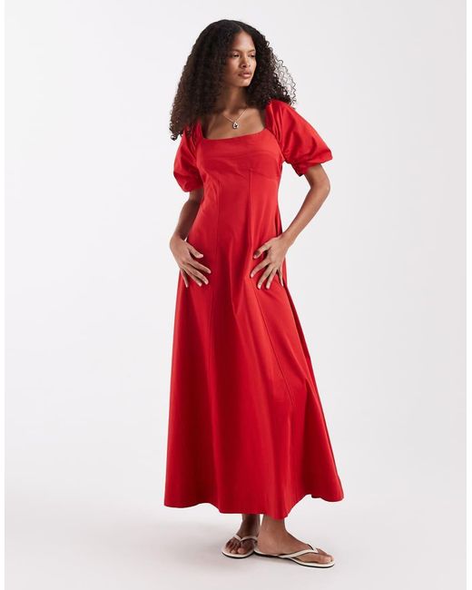 ASOS Red Square Neck Structu Cotton Midi Dress With Back Strap