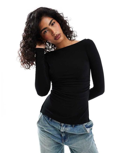 Bershka Black Ruched Side Long Sleeve T-shirt
