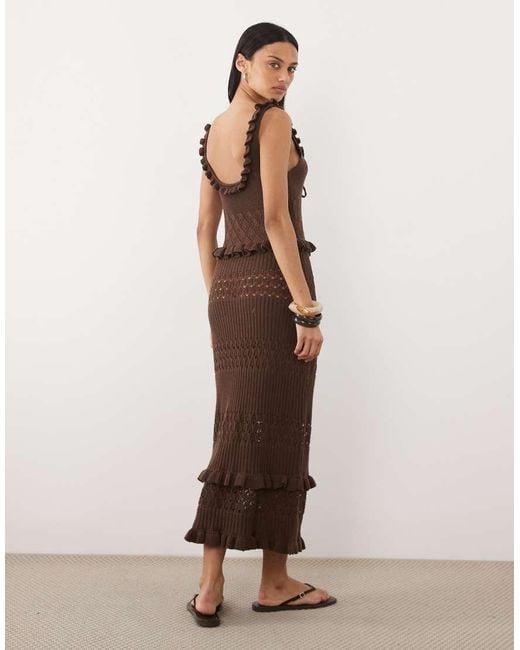 Miss Selfridge Brown Frill Detailing Crochet Midaxi Dress