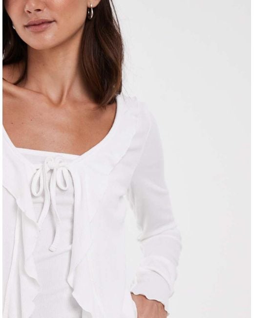 JJXX White Rib Long Sleeve Tie Front Top