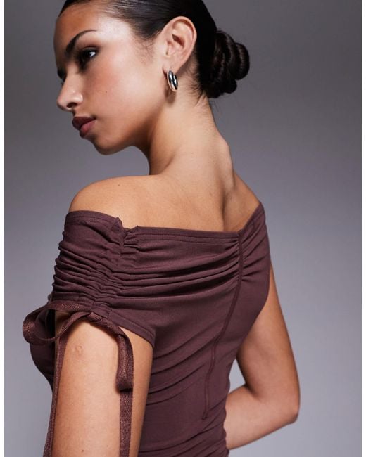 I.AM.GIA Purple Asha Shir Slinky Ruched Tie Detail Off Shoulder Mini Dress