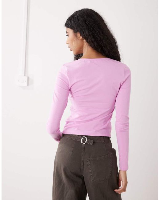 Monki Pink Ruched Button Open Jersey Top