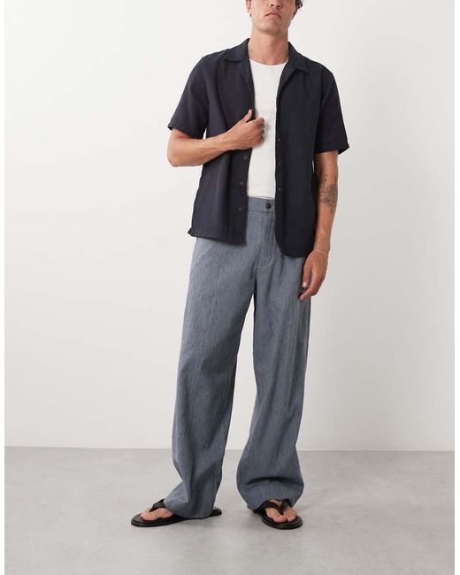 Abercrombie & Fitch Blue Cotton Linen Mix Pleated Baggy Poplin Trousers for men