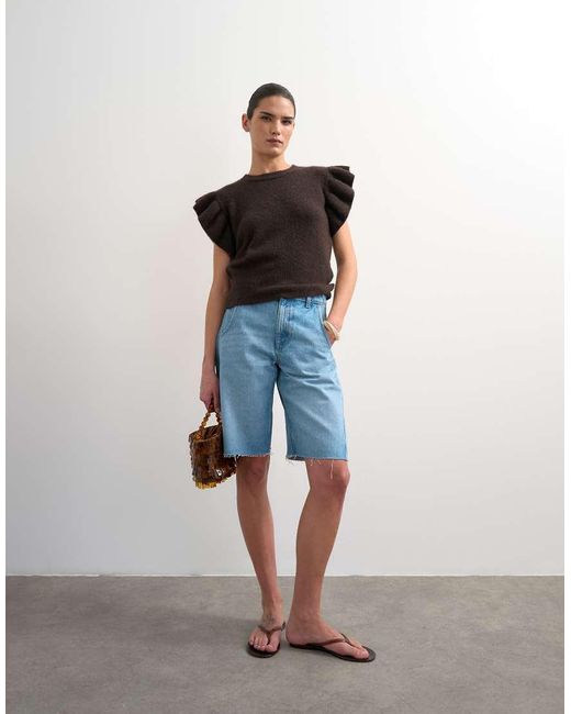 TOPSHOP Black Knitted Ruffle Short Sleeve Top