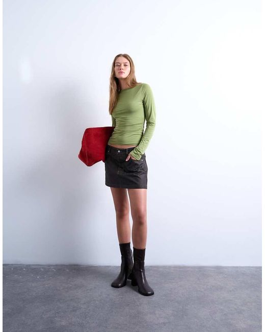 TOPSHOP Top Van Modal Met Rimpeleffect, Rechte Hals En Lange Mouwen in het Green