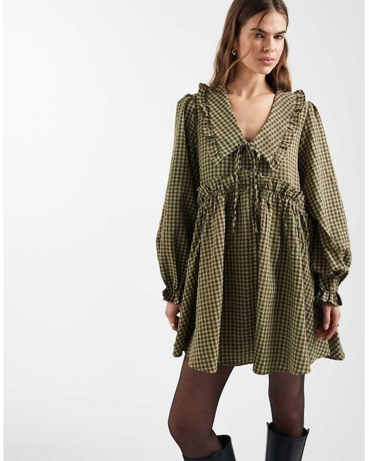Daisy Street Green Long Sleeve Mini Smock Dress With Ruffles