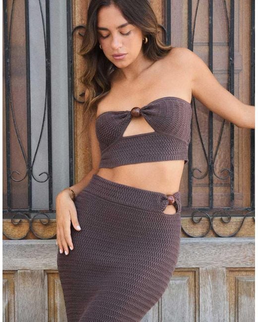 4th & Reckless Brown X Luana Barron Cotton Rich Knitted Bandeau Bead Detail Cut Out Beach Crop Top Co-ord
