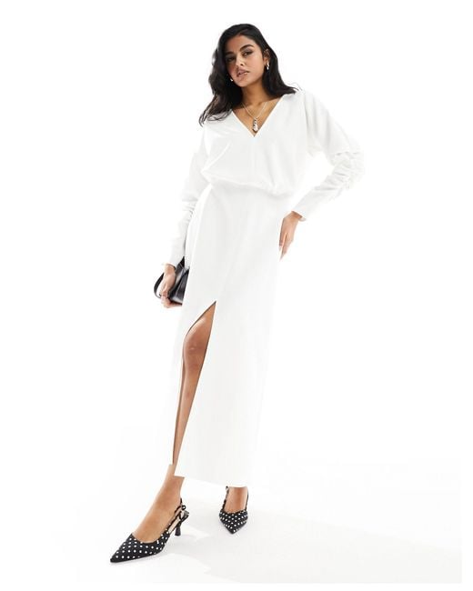 ASOS White V Neck Long Sleeve Blouson Midi Dress With Front Split