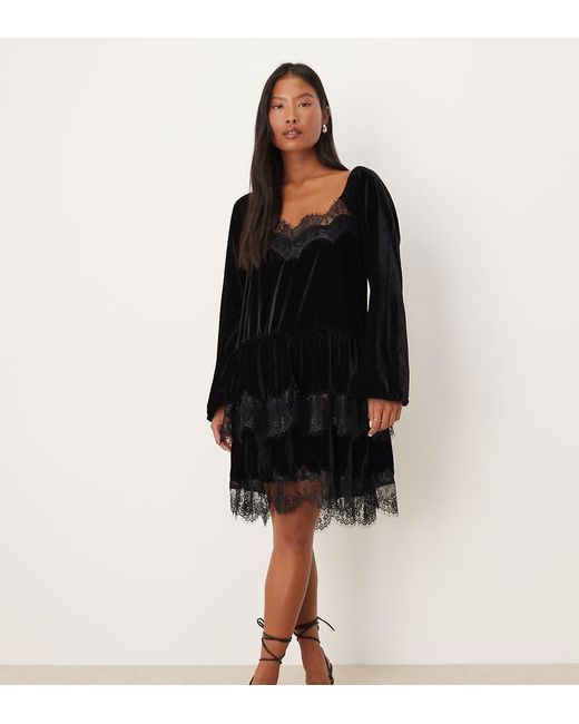 ASOS Black Asos Design Petite Long Sleeve Sweetheart Neckline Velvet Mini Dress