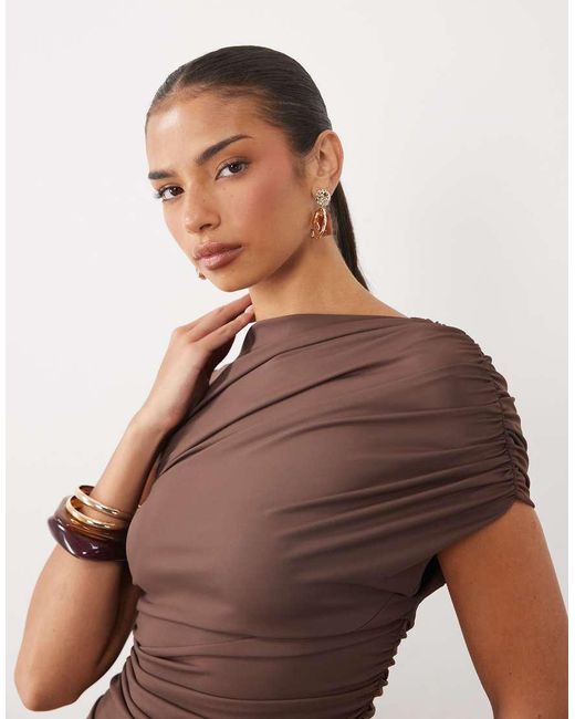 4th & Reckless Brown Double Layered Slinky Drape Waist Detail High Neck One Sleeve Maxi Dress