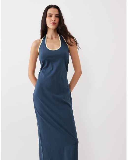 ASOS Blue Halter Midi Dress With Buttermilk Contrast Trim