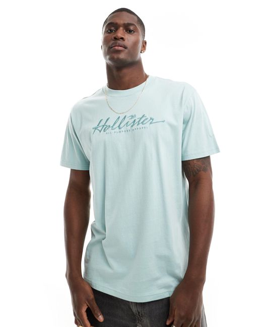 T-shirt vestibilità comoda chiaro con logo ricamato tono su tono di Hollister in Blue da Uomo