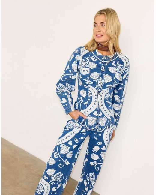 Never Fully Dressed Blue Amara Printed Ruffle Back Pocket Detail Straight Leg Jeans