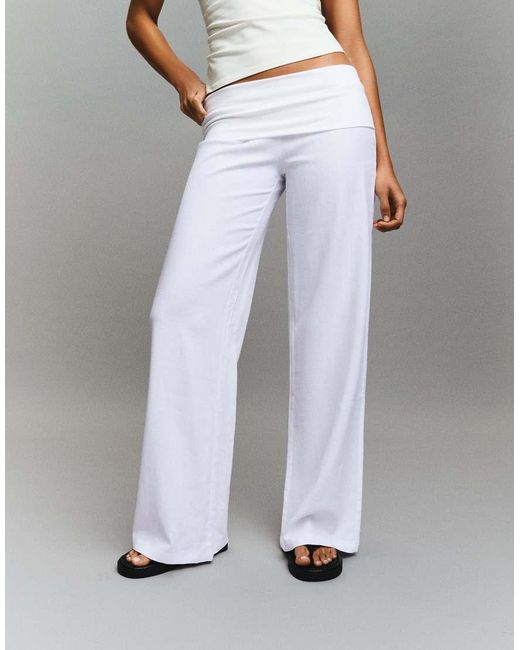 Bershka White Turn-up Waist Trousers