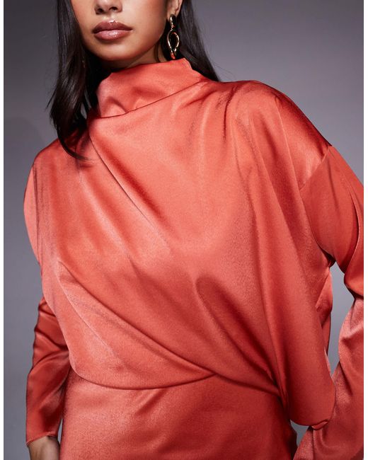 ASOS Red High Neck Bias Satin Maxi Dress With Sleeve Detail