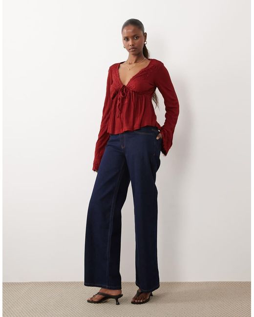 ASOS Red Crinkle Lace Trim Plunge Top With Flare Sleeve