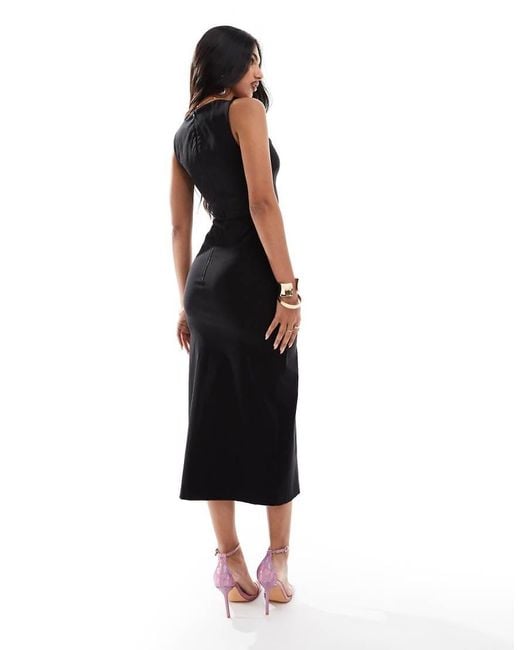 Vesper Black Bengaline Square Neck Thick Strap Thigh Split Midaxi Dress