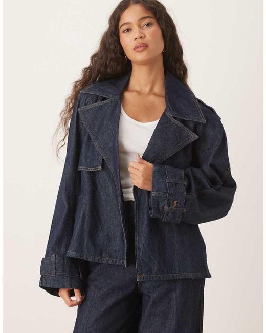 Mango Blue Cotton Tie Waist Cropped Denim Jacket Co-ord