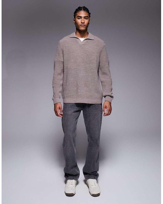 ASOS Gray Relaxed Knitted Rib Notch Neck Polo for men