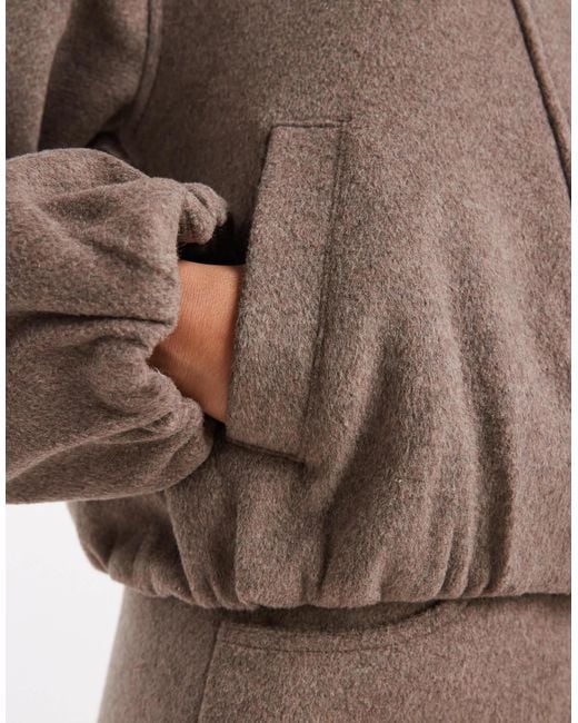 4th & Reckless Brown Wool Blend Soft Tailored Collarless Balloon Sleeve Bomber Jacket Co-ord