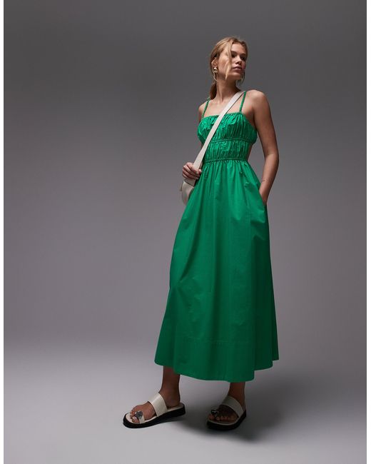 Robe froncée mi-longue en popeline TOPSHOP en coloris Green
