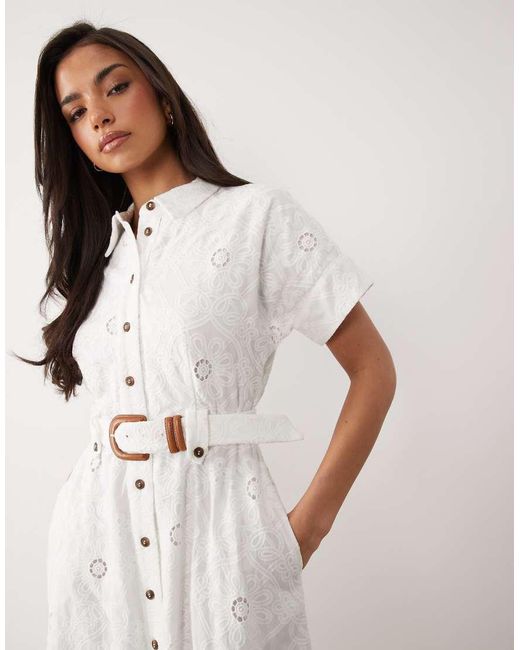 Forever New Natural Short Sleeve Broderie Shirt Belt Detail Midi Dress