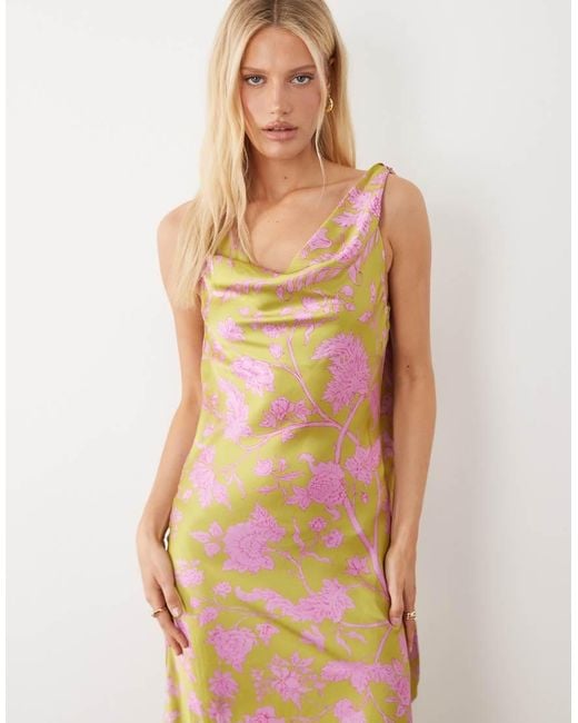 Hope & Ivy Natural Satin Cowl Neck Scarf Midi Dress
