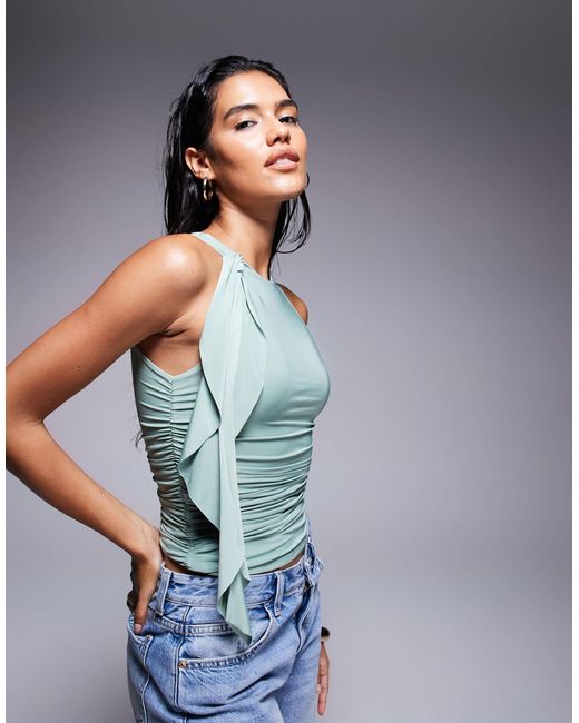 Kaiia Blue Exclusive Double Layered Slinky Ruched Drape Detail Top