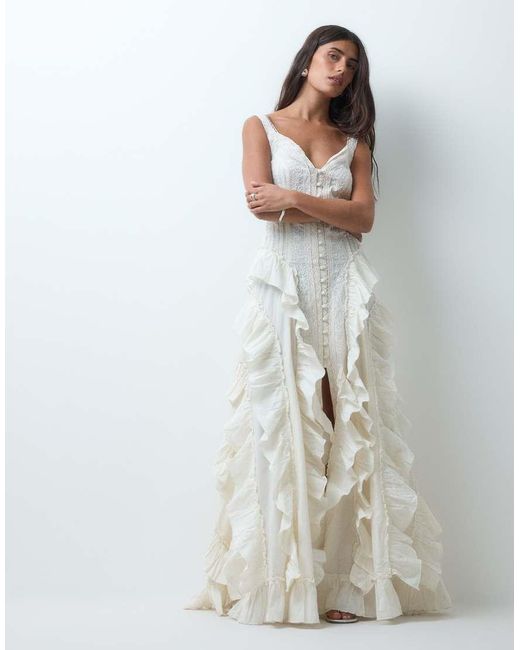Miss Selfridge White Premium Embroidered Ruffle Detail Maxi Dress