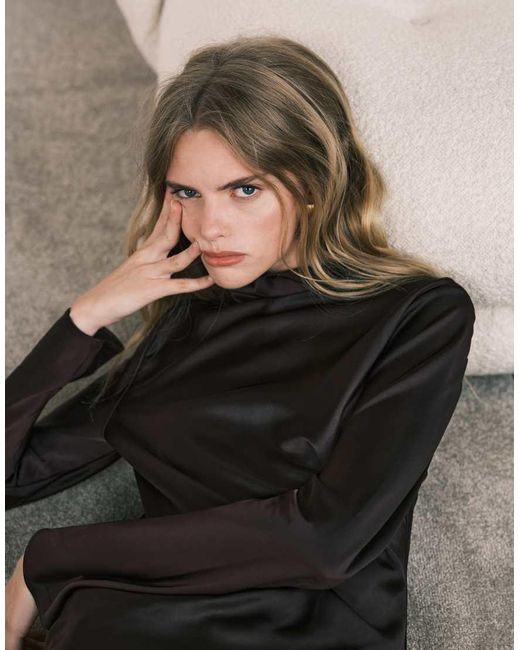 Mango Black Capsule High Neck Long Sleeve Satin Look Top