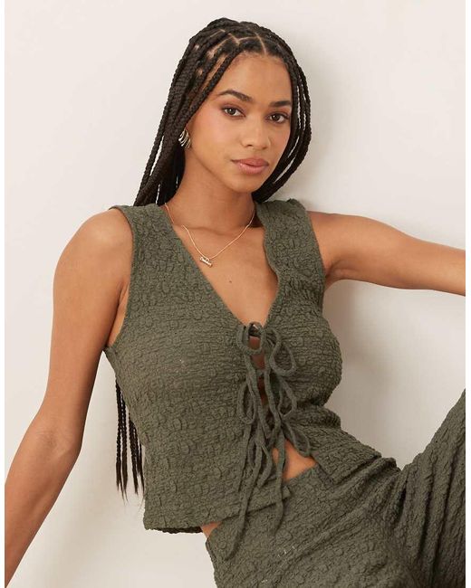 Mango Green Crinkle Tie Front Waistcoat Co-ord