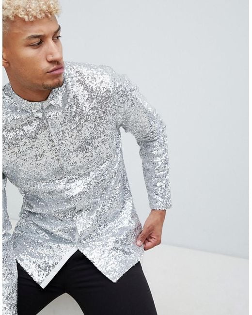 ASOS Metallic Regular Fit Silver Sequin Shirt for men