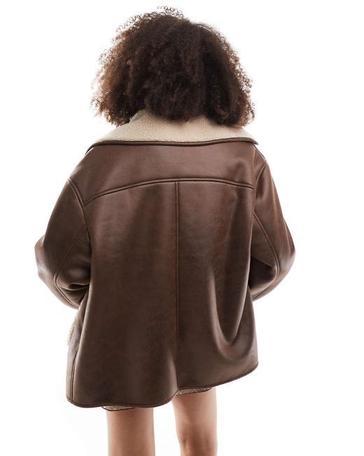 Stradivarius Brown Faux Leather Jacket With Borg Lining
