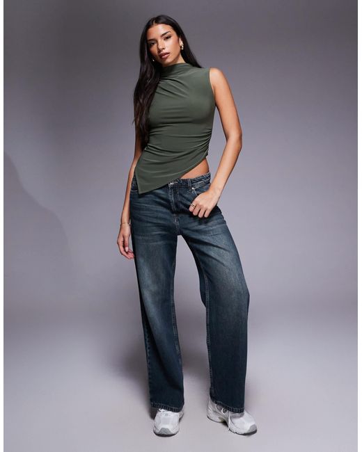 ASOS Gray Slinky Grown On High Neck Gathered Asymmetrical Hem Top