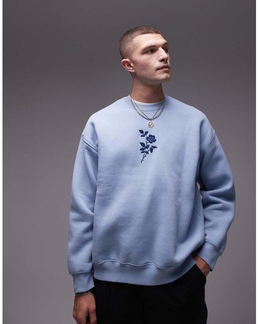 Topman Blue Oversized Fit Sweatshirt With Floral Embroidery for men