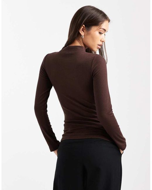 New Look Brown Ribbed Stand Neck Long Sleeve Top