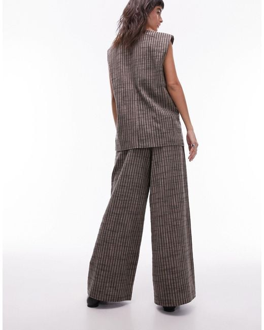TOPSHOP Brown Striped Linen Wide Leg Pleated Pants