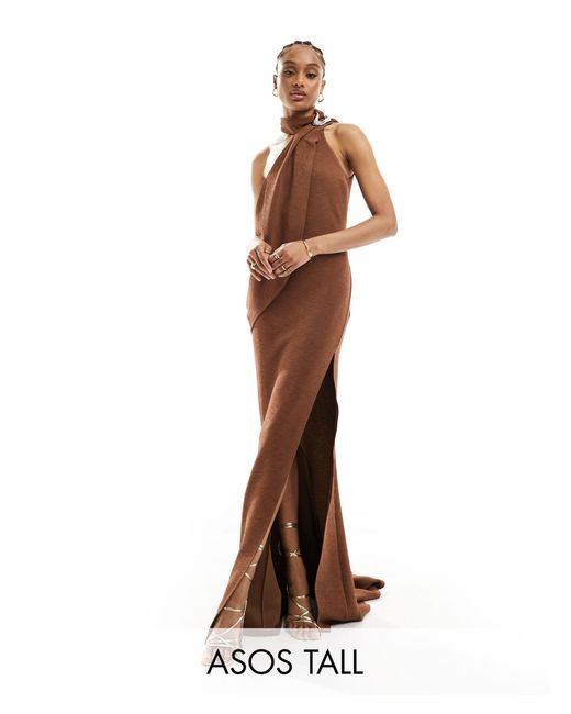 ASOS Brown Asos Design Tall High Neck Maxi Dress With Silver Neck Trim