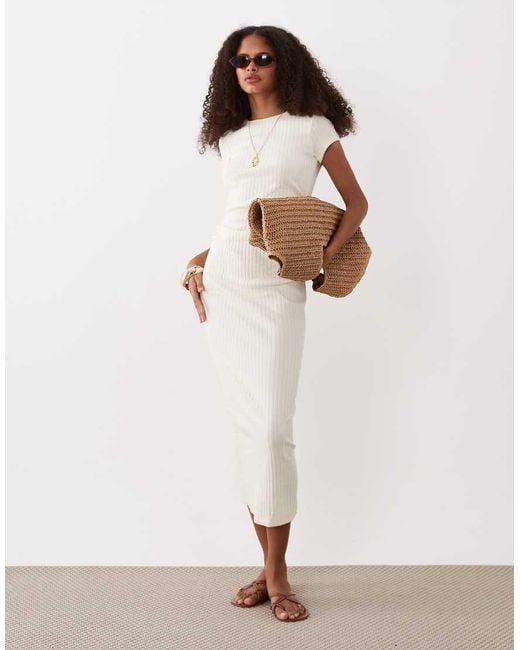 ASOS White Ribbed Cap Sleeve Ruched Midi Dress