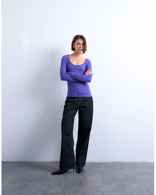 TOPSHOP Purple Premium Rib Long Sleeve Wide Scoop Neck Top