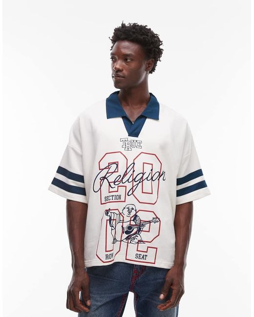 True Religion White Oversized Contrast Collar Detail Motif Sports Top for men