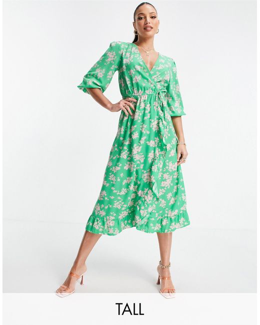 New Look Synthetic Floral Wrap Midi Dress in Green | Lyst UK