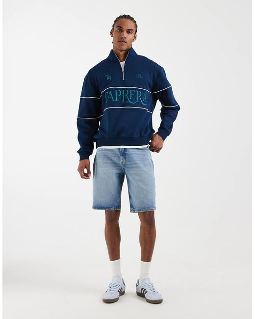 ASOS Blue Relaxed Fit Printed Quarter Zip Embroidered Sweatshirt With Piping for men