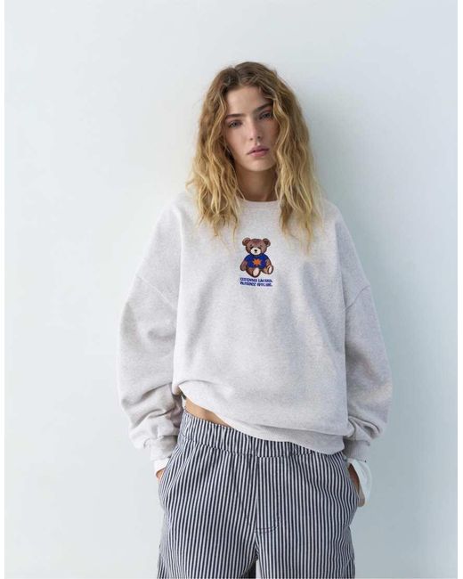 Pull&Bear White Bear Round Neck Sweatshirt
