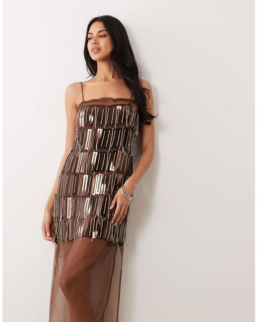 ASOS Brown Cami Embellished Sheer Mix Column Maxi Dress