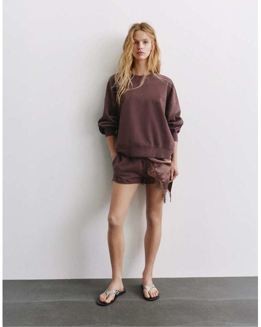 Pull&Bear Brown Round Neck Stwd Sweatshirt