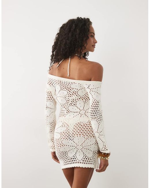Miss Selfridge Natural Off Shoulder Floral Crochet Dress