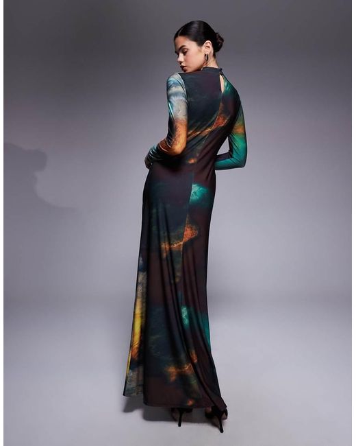 DASKA Blue High Neck Twist Drape Detail Maxi Dress