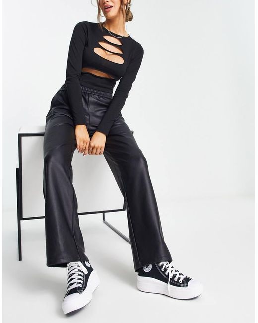 ONLY Blue Faux Leather Elasticated Waist Straight Leg Trousers