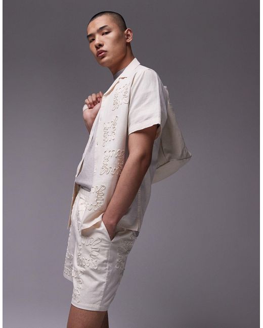 Topman White Laid On Embroidered Linen Mix Shorts for men